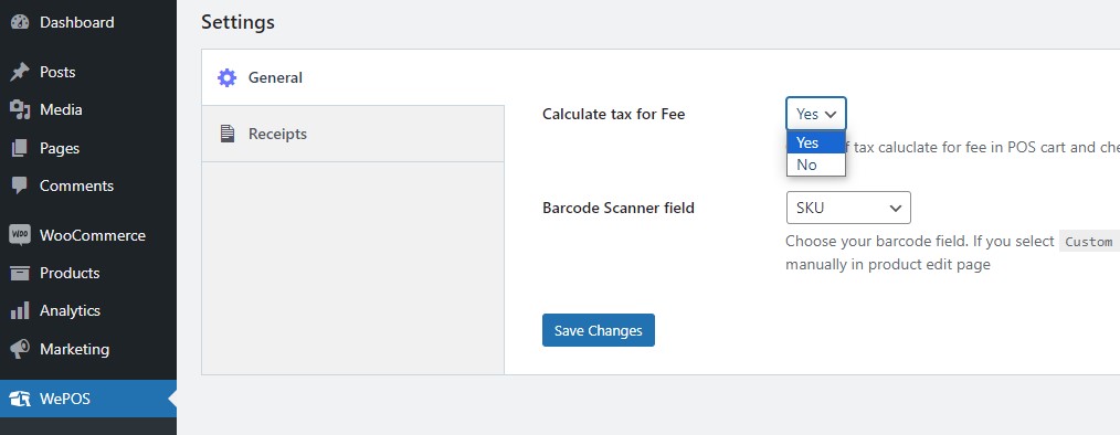 wepos setting for tax