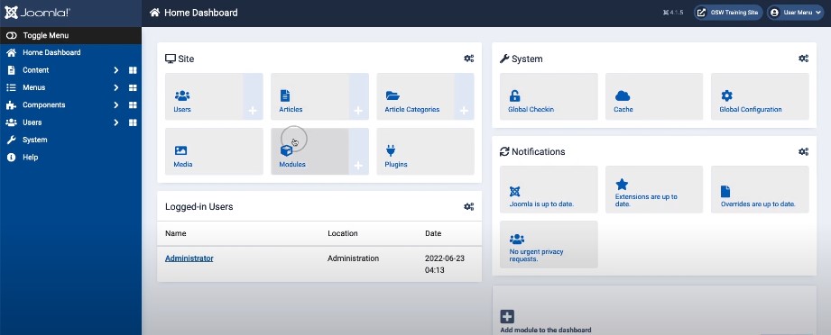 joomla admin dashboard